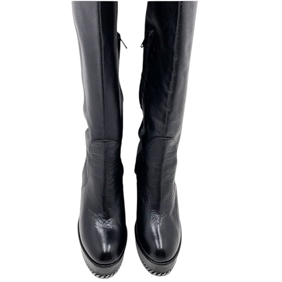 {RITCH ERANI NYFC} Black Leather Wedge Boots with Chain Detail - Picture 10 of 16
